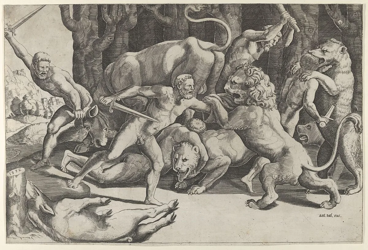 Five men fighting beasts, at lower left is a fallen boar — Master of the Die|Giulio Romano|Antonio Salamanca