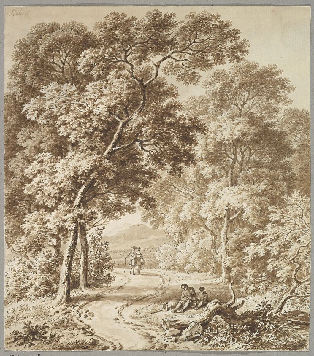 A Path Bordered by Trees with two Beggars and a Couple Strolling — Ferdinand Kobell