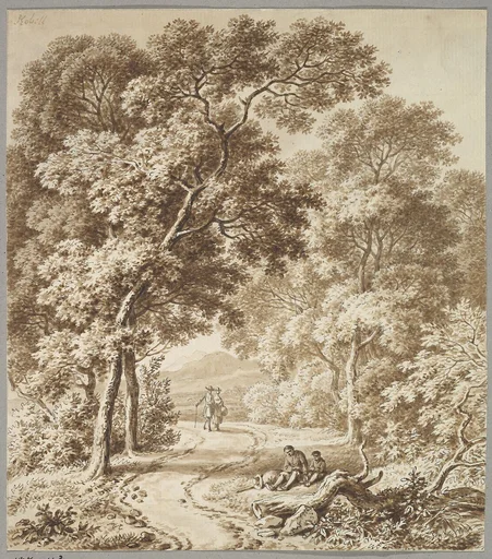 A Path Bordered by Trees with two Beggars and a Couple Strolling