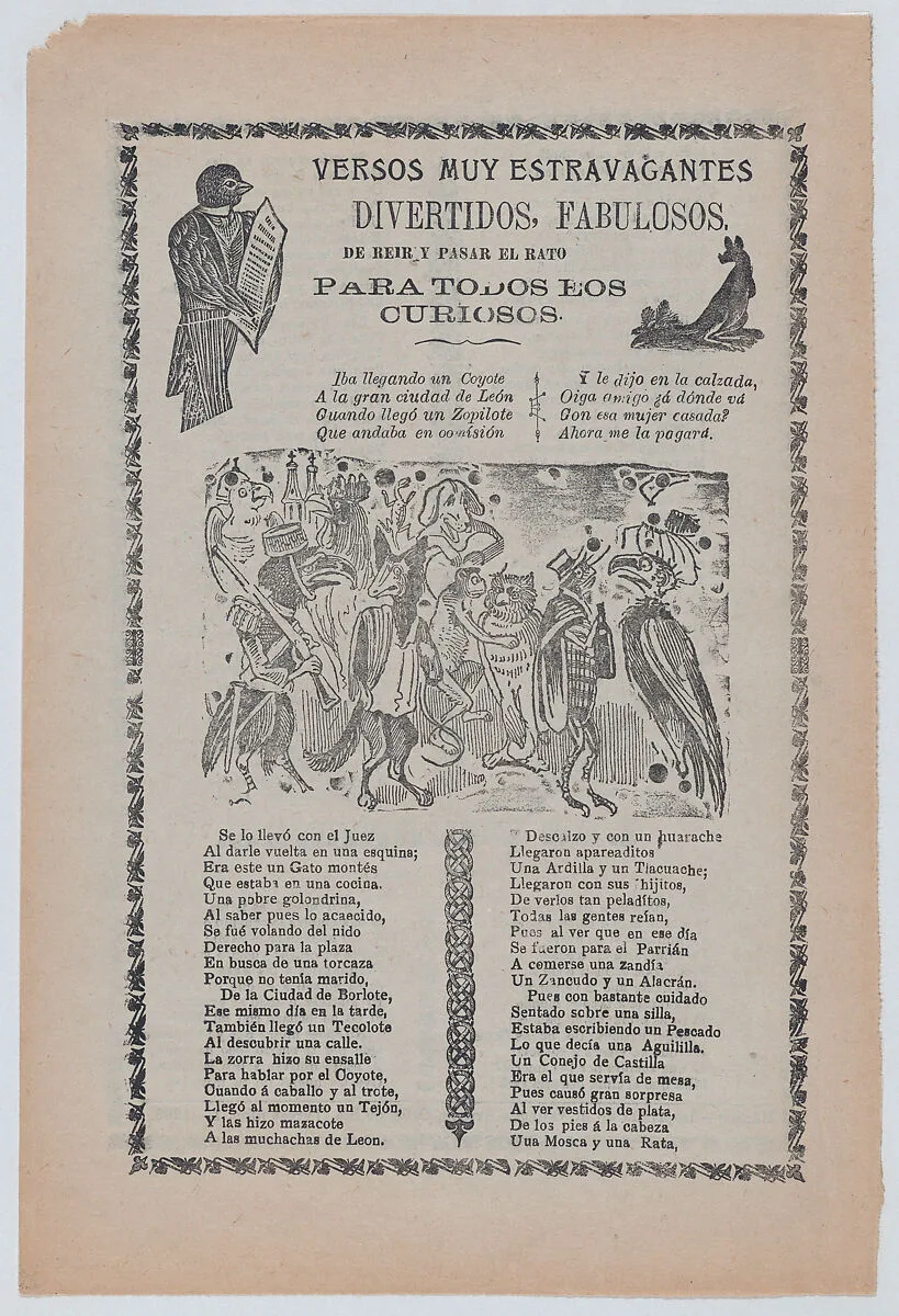 Broadsheet with comic verses, a group of animals wearing human clothes and playing music — José Guadalupe Posada