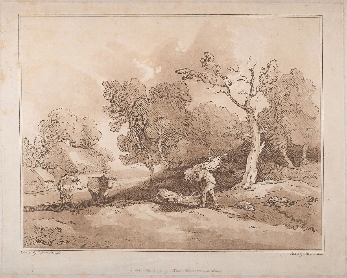 Landscape with a Figure Carrying a Bundle of Branches, a Copice Behind, Two Cows in a Field at Left — Thomas Gainsborough|John Thane|Carl Friedrich Abel|Thomas Rowlandson