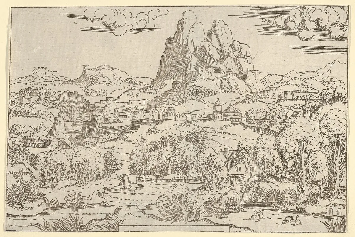 Landscape from "Venus Pushing Cupid" frame — Antonio Fantuzzi|Rosso Fiorentino