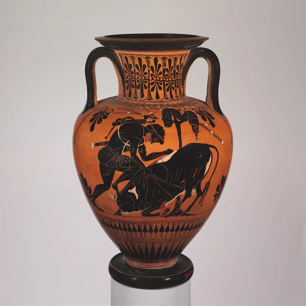 Terracotta neck-amphora (jar) with Herakles and a bull — Unknown