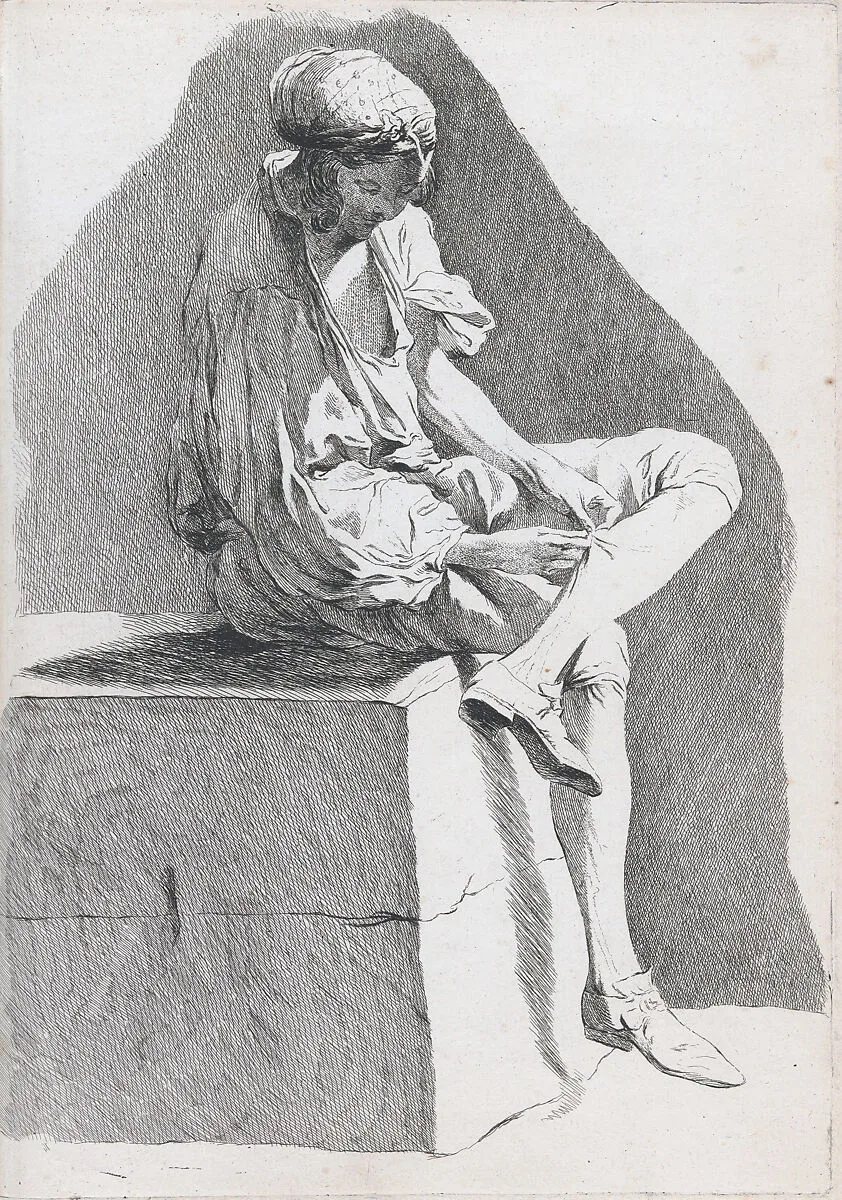 Youth Examining his Stocking (Young Boy of the People), pl. XVI from "Recueil de caricatures" — Jacques François Joseph Saly|Ange-Laurent de La Live de Jully