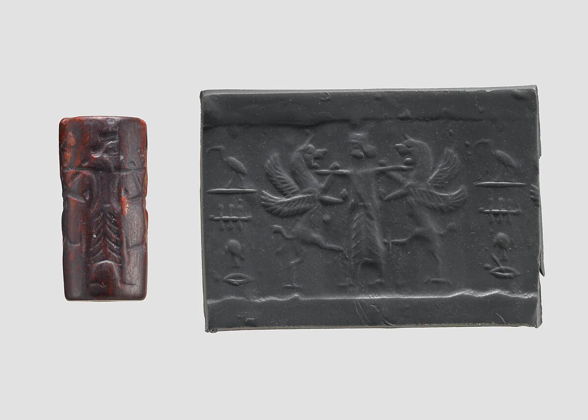 Cylinder seal and modern impression: king holding two lion griffins at bay — Unknown
