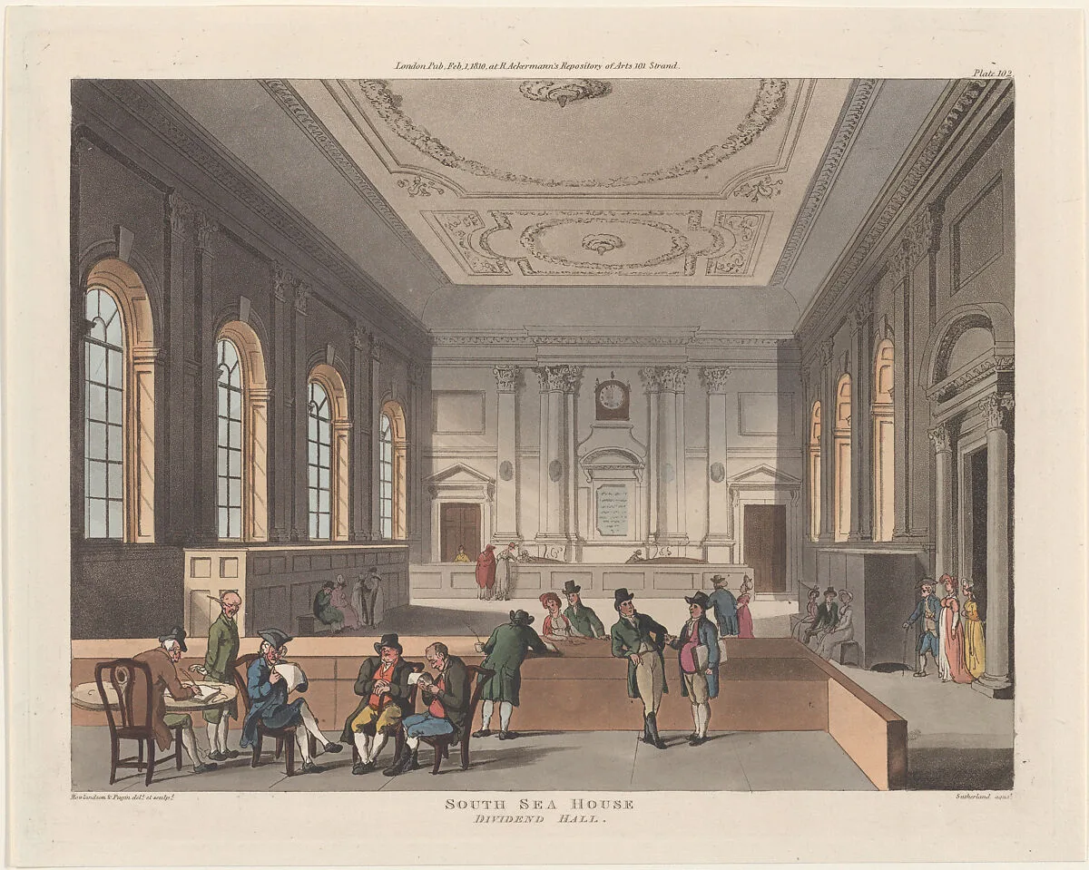 South Sea House, Dividend Hall — Auguste Charles Pugin|Thomas Sutherland|Rudolph Ackermann, London|Thomas Rowlandson