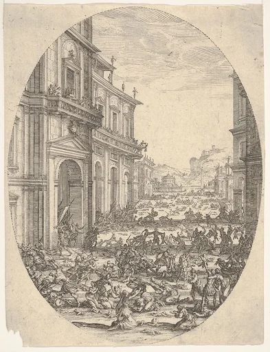 The Massacre of the Innocents, with architectural facades at left and right, an oval composition