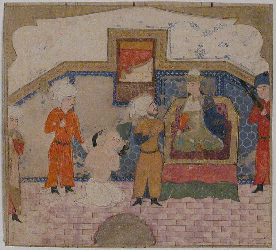 "Zahhak Brought as a Prisoner before Faridun", Folio from a Shahnama (Book of Kings) — Abu'l Qasim Firdausi