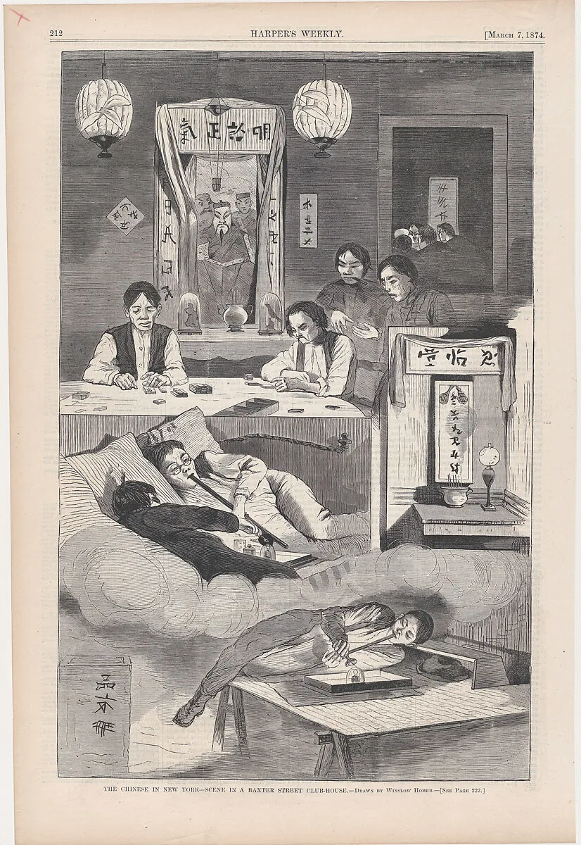 The Chinese in New York – Scene in a Baxter Street Club-House (from "Harper's Weekly," Vol. XVIII) — Harper & Brothers|Winslow Homer|Harper's Weekly