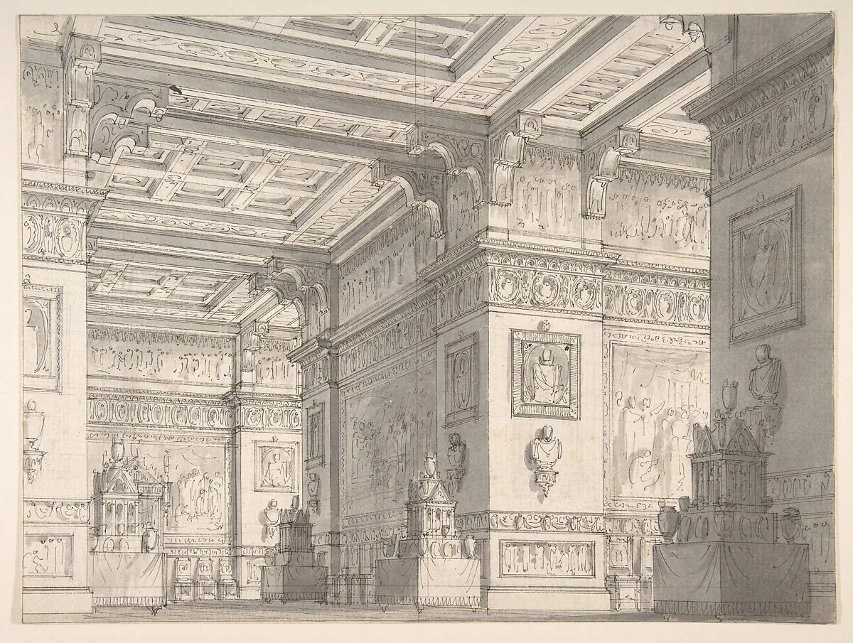 Design for a Stage Set?:Interior of a Stateroom with Four Tables Displaying Urns and Tabernacles. — Alessandro Sanquirico