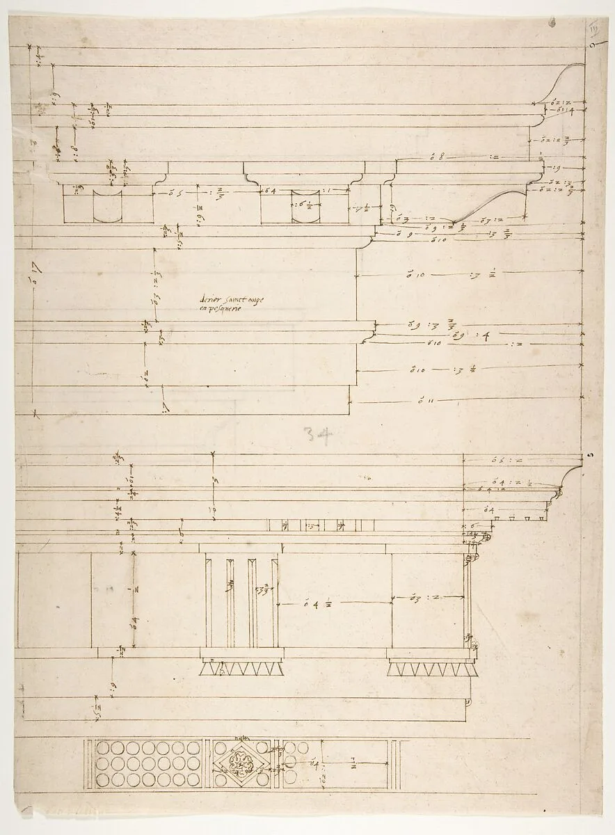 Unidentified, Doric cornice, elevation; Theater of Marcellus, Doric cornice, elevation (recto) Unidentified, cornice, elevation (verso) — Anonymous, French, 16th century