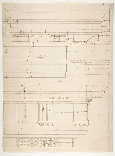 Unidentified, Doric cornice, elevation; Theater of Marcellus, Doric cornice, elevation (recto) Unidentified, cornice, elevation (verso)