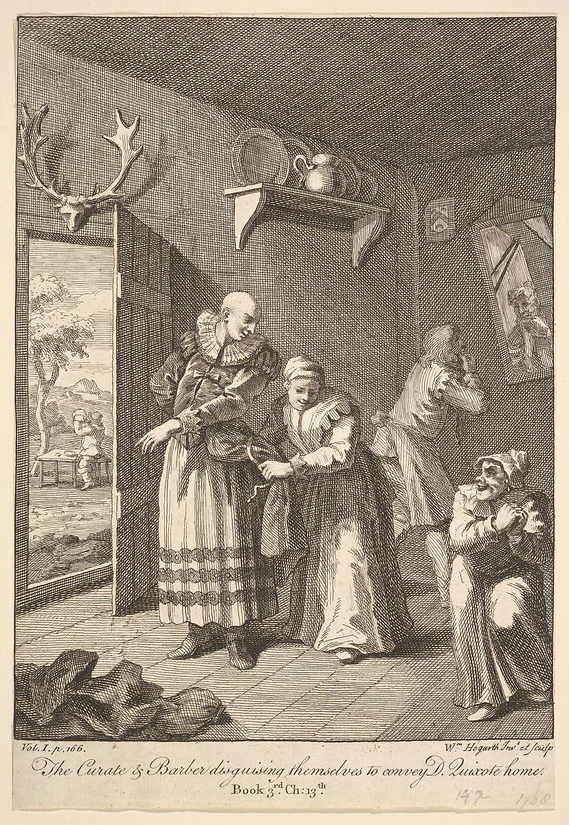 The Curate and Barber Disguising Themselves to Convey Don Quixote Home (Six Illustrations for Don Quixote) — William Hogarth|Miguel de Cervantes Saavedra