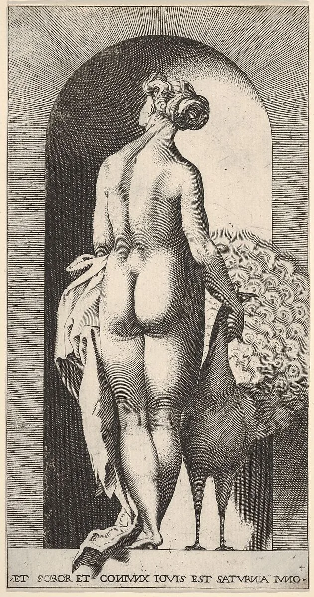 Plate 4: Juno standing in a niche, viewed from behind, stroking a peacock to her right, from "Mythological Gods and Goddesses" — Giovanni Jacopo Caraglio|Rosso Fiorentino