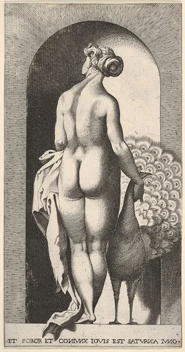 Plate 4: Juno standing in a niche, viewed from behind, stroking a peacock to her right, from "Mythological Gods and Goddesses"