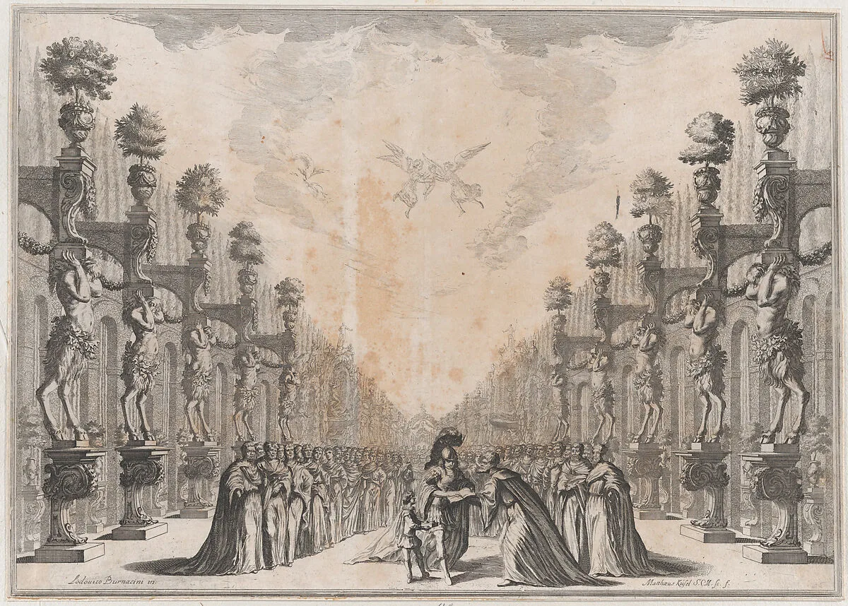 Three men at center, an old man who holding out an open book for a soldier to sign as a smaller man stands to the left holding ink; a large group of men surround them; set design from 'Il Fuoco Eterno' — Mathäus Küsel|Ludovico Ottaviano Burnacini
