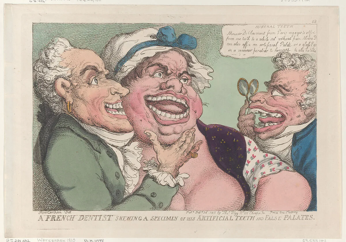 A French Dentist Shewing a Specimen of His Artificial Teeth and False Palates — Thomas Rowlandson|Thomas Tegg