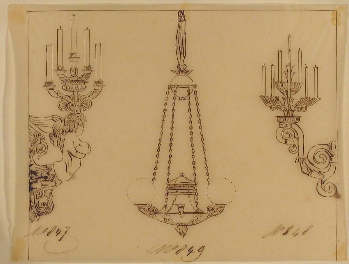 Designs for Two Sconces and a Chandelier — Anonymous, French, 19th century