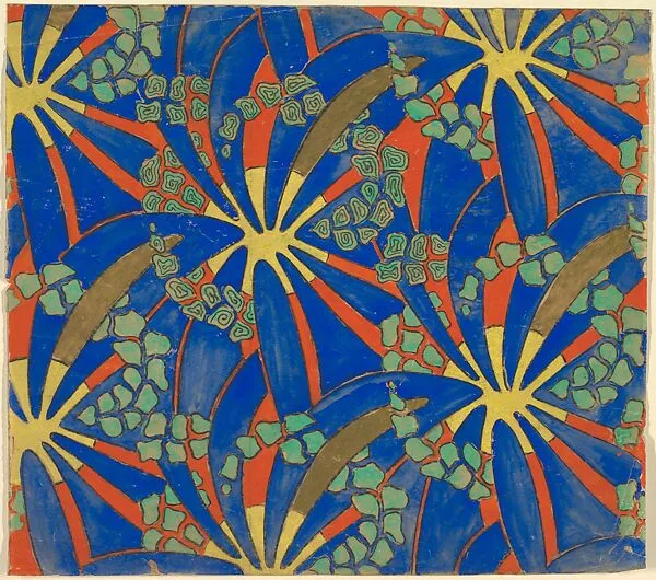 Repetitive Pattern with Decorative Flowers Formed from Yellow Circles and Blue Petals on an Orange Background — Anonymous, French, 20th century