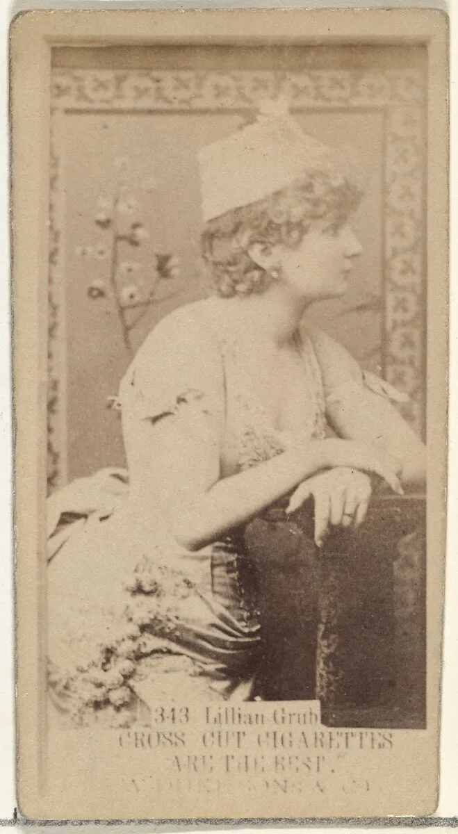 Card Number 343, Lillian Grubb, from the Actors and Actresses series (N145-3) issued by Duke Sons & Co. to promote Cross Cut Cigarettes — W. Duke, Sons & Co.
