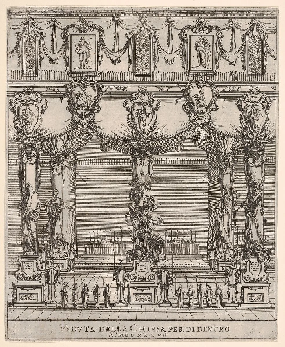 Interior of the church of San Lorenzo in Florence, five pillars, each with a large figure of death on a pedestal, ten hooded figures with staffs in foreground, two altars in the background, cartouches containing female figures above, from 'Ceremonies for the Funeral of Emperor Ferdinand II' (Funérailles de l'empereur Ferdinand II) — Stefano della Bella