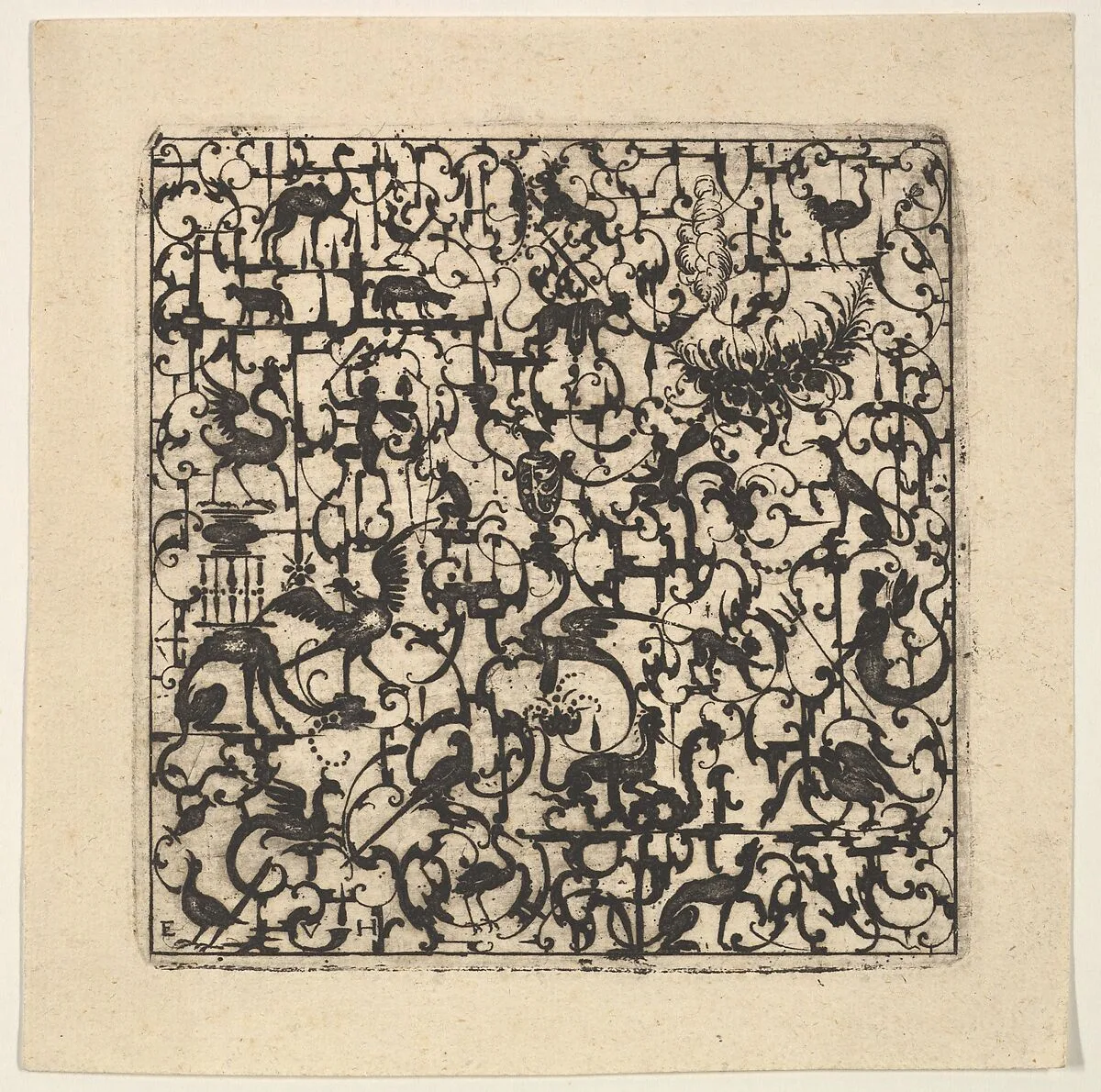 Square Blackwork Design in Silhouette Style with Schweifwerk and Grotesque Figures — Esaias von Hulsen