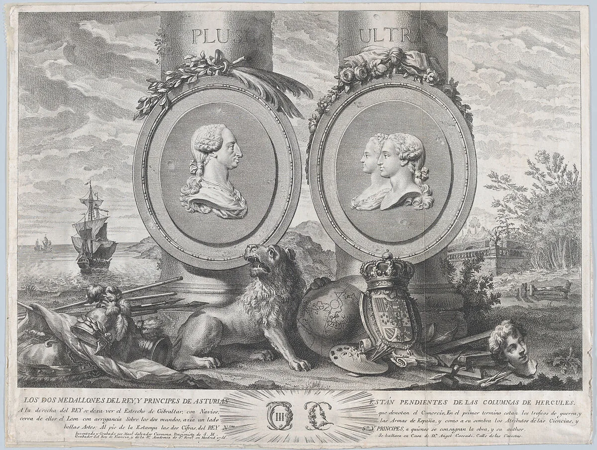 Two bust portraits of Carlos III at left and Carlos IV and Maria Louisa at right in roundels fixed to the columns of Hercules set within a landscape — Manuel Salvador Carmona