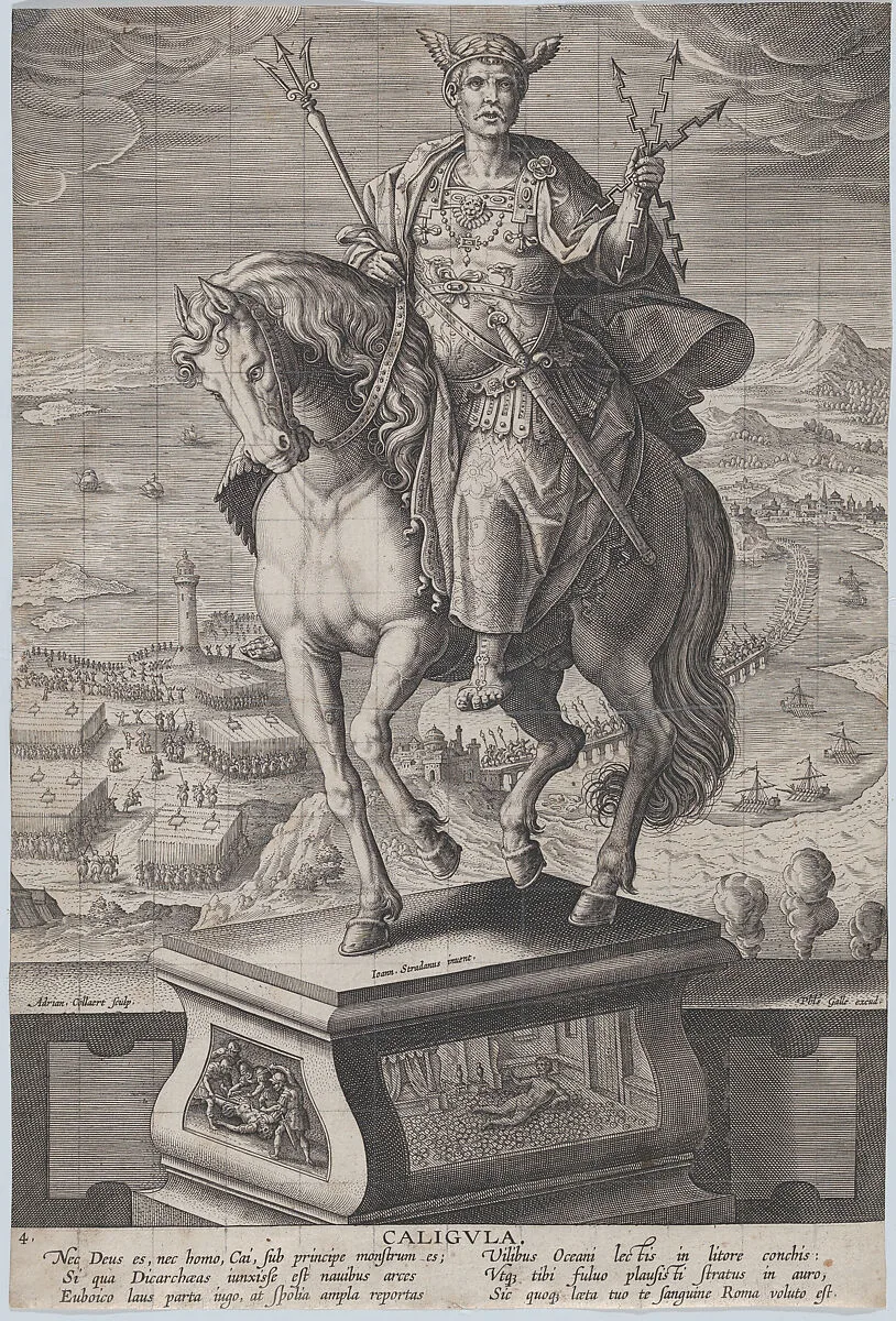 Plate 4: equestrian statue of Caligula, seen three-quarters to the left, wearing a winged helmet and holding double-headed arrows, a military scene in the background, from 'Roman Emperors on Horseback' — Philips Galle|Adriaen Collaert|Jan van der Straet, called Stradanus