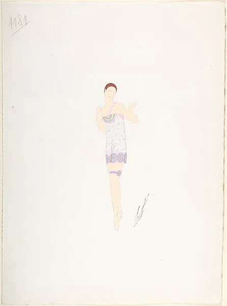 Design for Lingerie in White with Lavendar and Green Ruffled Ornaments and Garter for "Manhattan Mary," Majestic Theater, New York — Erté (Romain de Tirtoff)