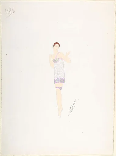 Design for Lingerie in White with Lavendar and Green Ruffled Ornaments and Garter for "Manhattan Mary," Majestic Theater, New York