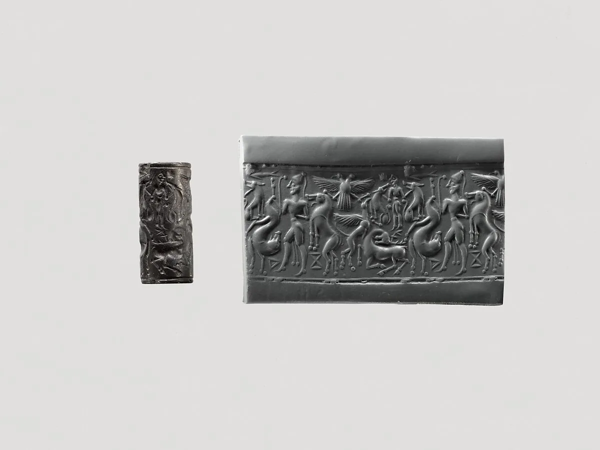 Cylinder seal and modern impression: hunter holding a lion; griffin attacking a stag; Master of Animals; double-headed eagle — Unknown