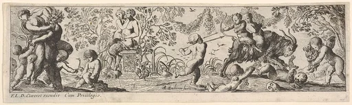 Composition with three figure groups: at left a woman struggles with a male assailant, at center a female satyr and male satryr sit upon a pedestal, at right putti surround two young satyrs riding a goat, from a series of twelve frieze-like designs showing bacchanals, sacrifices, and dances