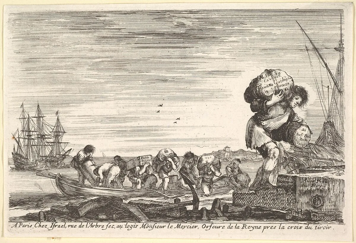 Title page: men carrying bags across a rowboat and onto shore in center, one man carrying two bags in right in the foreground, ships to left and right in the background, from 'Views of seaports' (Vues de ports de mar) — Stefano della Bella|Israël Henriet