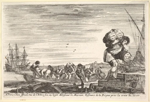 Title page: men carrying bags across a rowboat and onto shore in center, one man carrying two bags in right in the foreground, ships to left and right in the background, from 'Views of seaports' (Vues de ports de mar)