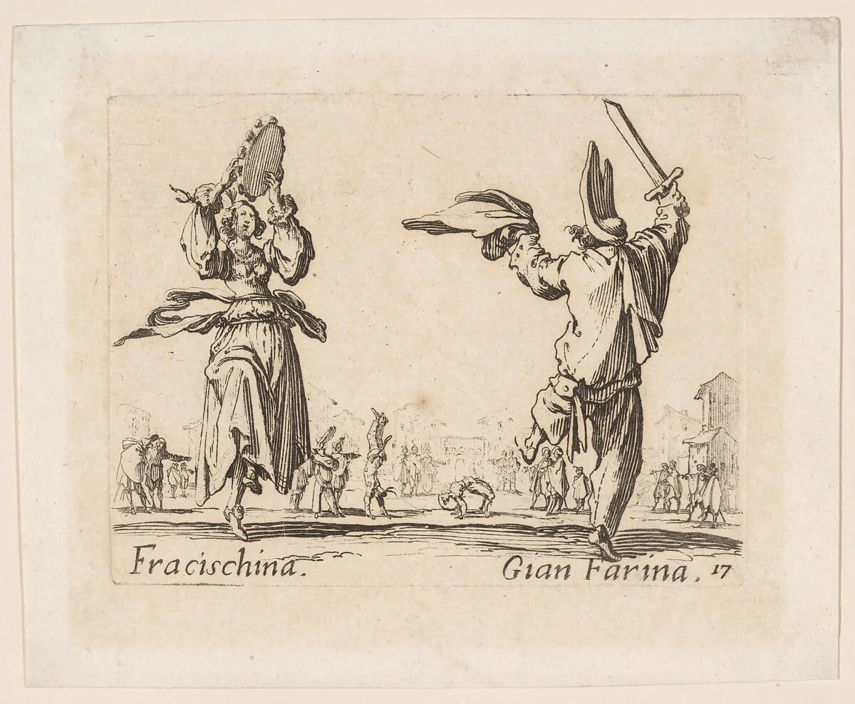 Fracischina and Gian Farina, from Balli di Sfessania (Dance of Sfessania), plate 17 — Jacques Callot|Israel Silvestre
