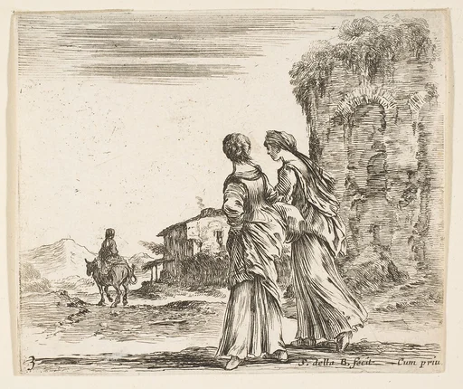 Two girls walking towards the left, seen from behind, a woman on a horse to left in background, plate 3 from "Diversi capricci"