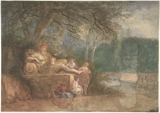 A Park with Figures at a Statue near Water