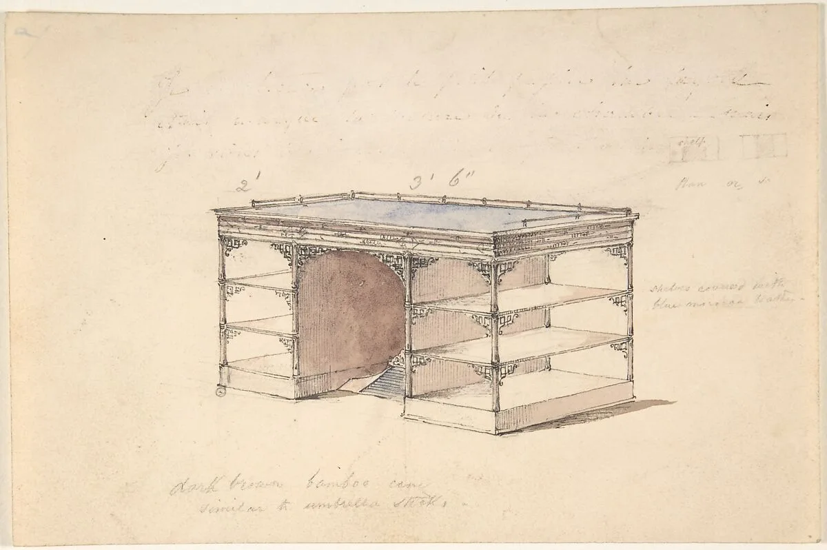 Design for a desk with shelves and a gallery — Anonymous, British, 19th century