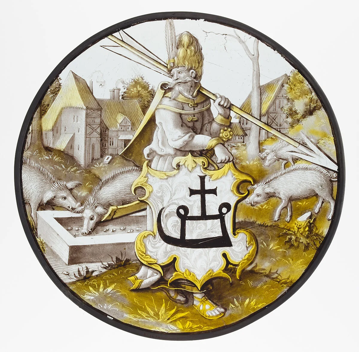 Roundel with Turkish Soldier holding an Arrow and Support — Unknown