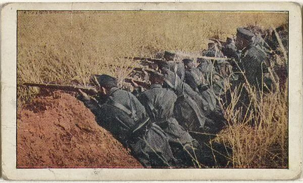 Card No. 36, Servian Soldiers in Trenches, from the World War I Scenes series (T121) issued by Sweet Caporal Cigarettes — American Tobacco Company|Underwood & Underwood