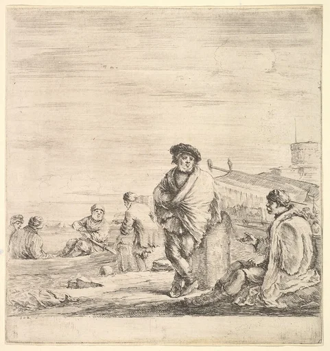 Standing sailor in center talking to a seated Levantine man to left, seen in profile, other sailors with a boat to left in the background