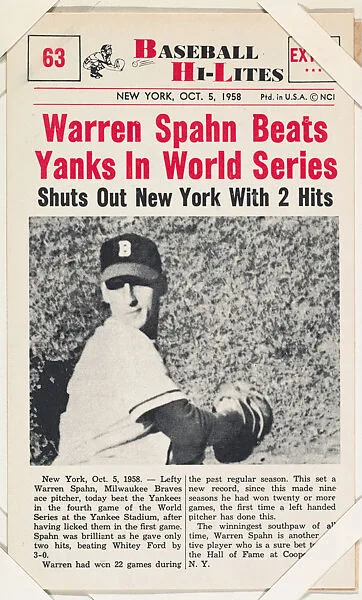 Warren Spahn #63 from Nu-Card Baseball Hi-Lites series (W460) — Nu-Card, Inc.