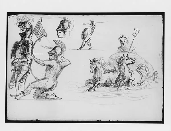 Knights in Armor, Warrior, Neptune Fountain (from Switzerland 1869 Sketchbook) — John Singer Sargent