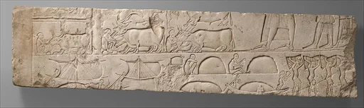 Relief Depicting Meryneith Inspecting His Stables and Ships Unloading Merchandise, from his tomb at Saqqara