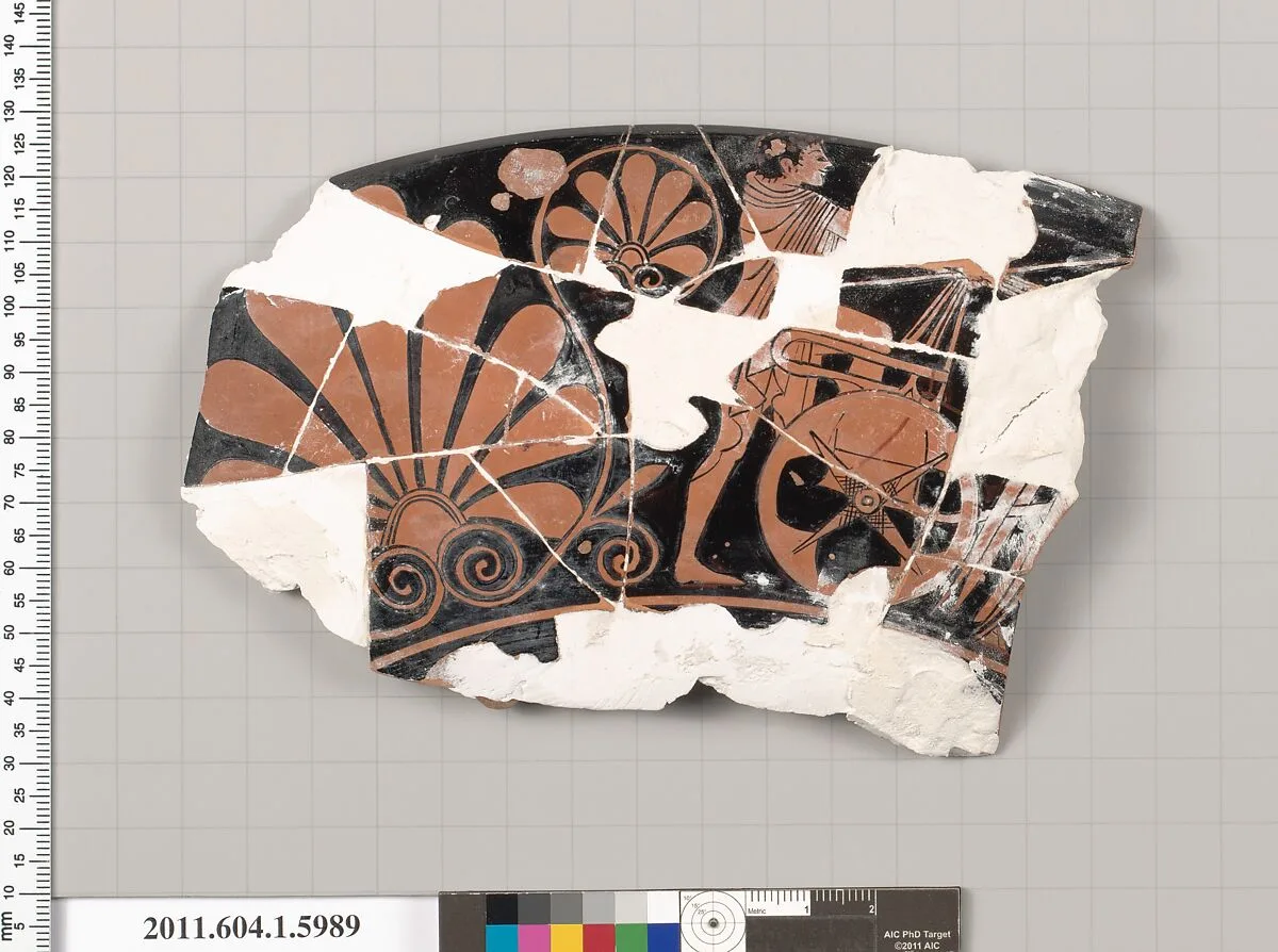 Terracotta rim fragment of a kylix (drinking cup) — Euergides Painter