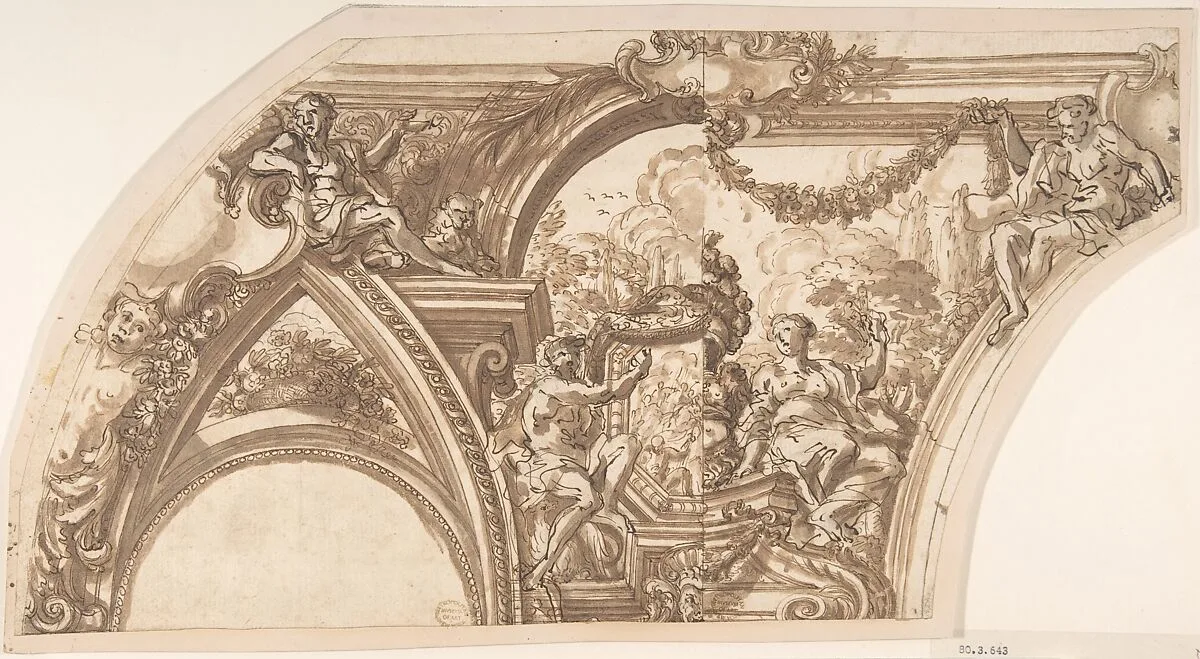 Drawing Showing Two Alternate Designs for a Cove Decoration — Anonymous, Italian, Roman-Bolognese, 17th century