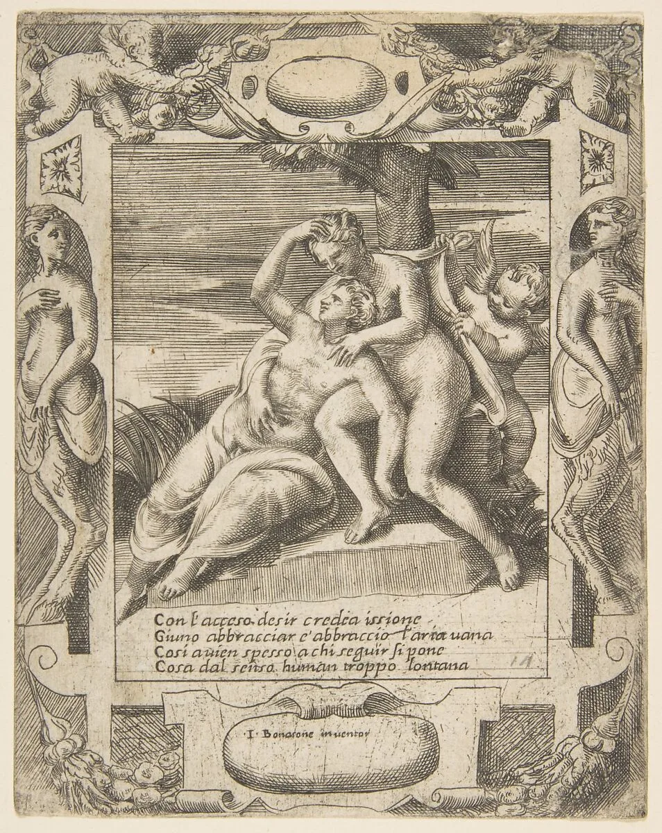 Ixion embracing a cloud, thinking it is Juno, Cupid at the right, set within an elaborate frame, from "Loves, Rages and Jealousies of Juno" — Giulio Bonasone
