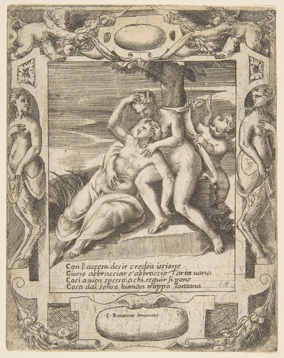 Ixion embracing a cloud, thinking it is Juno, Cupid at the right, set within an elaborate frame, from "Loves, Rages and Jealousies of Juno"