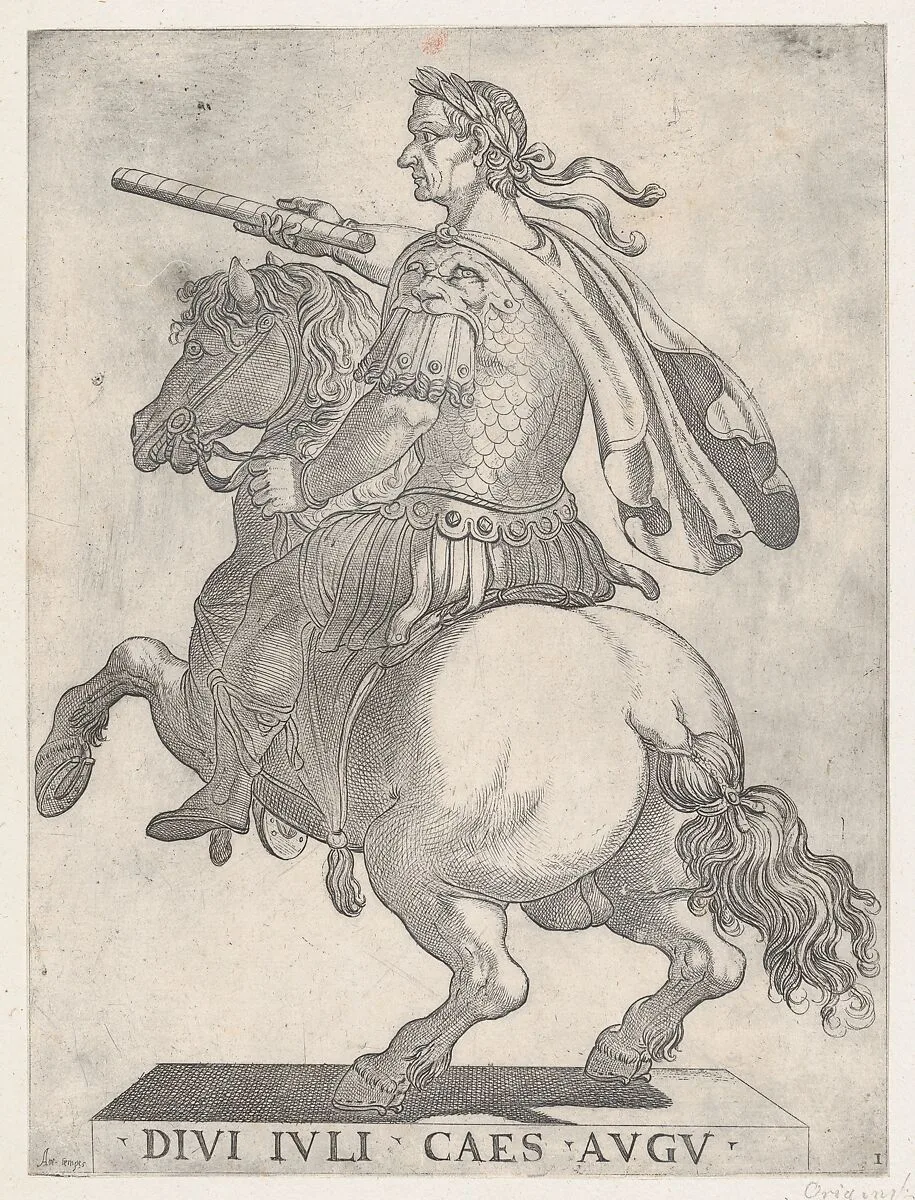 Plate 1: Emperor Julius Caesar on Horseback, from 'The First Twelve Roman Caesars' — Antonio Tempesta|Giovanni Battista di Lazzaro Panzera da Parma