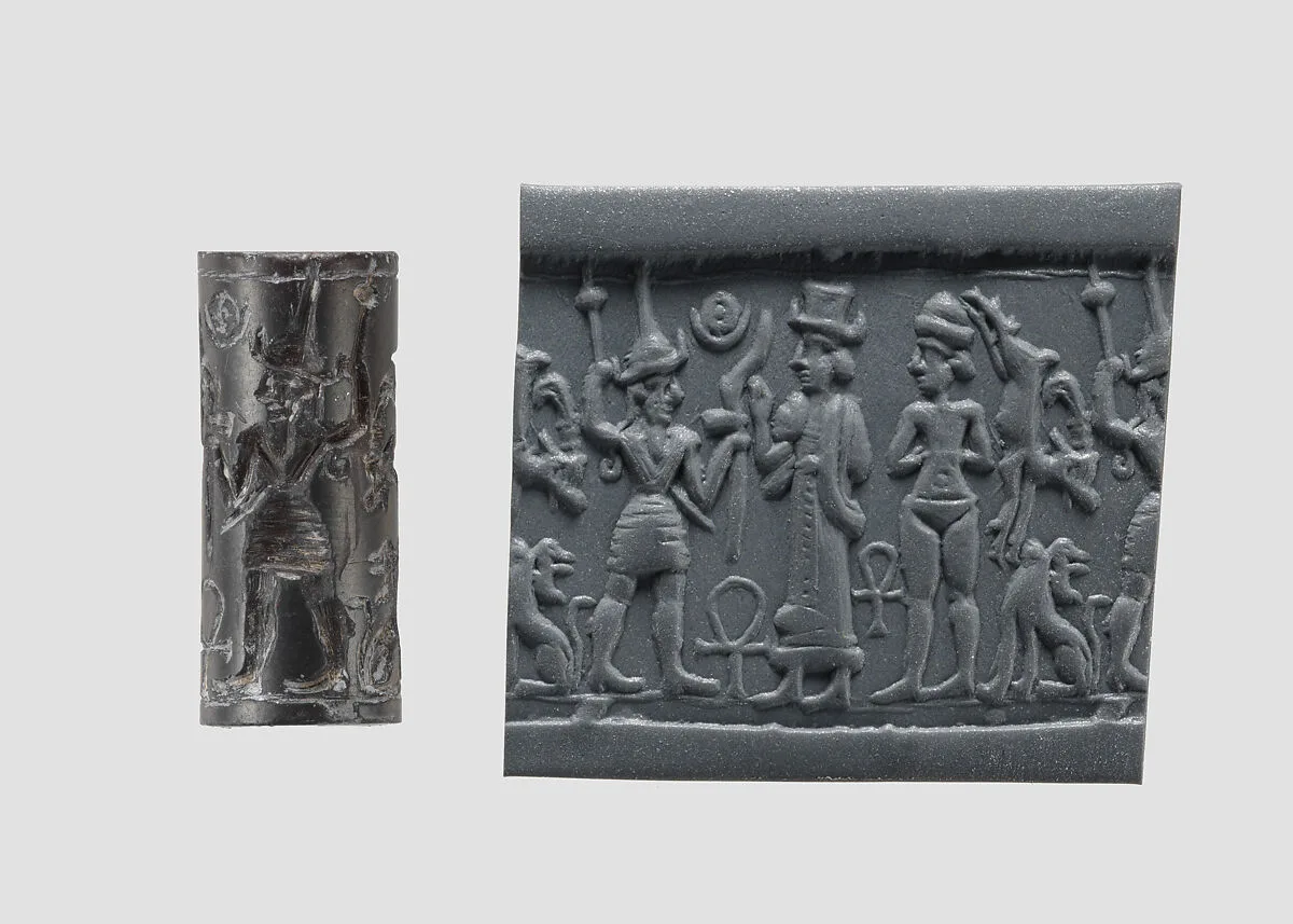 Cylinder seal and modern impression: smiting weather god before a Syrian goddess, nude goddess; ankh symbols — Unknown